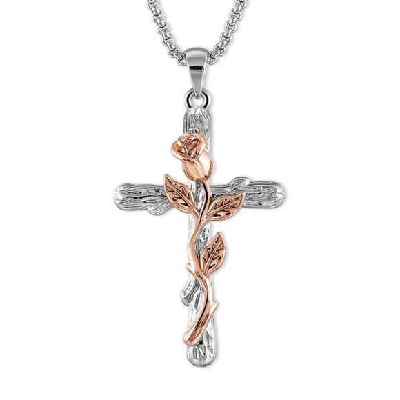 White Gold And Rose Gold Cross And Rose Necklace Nwt